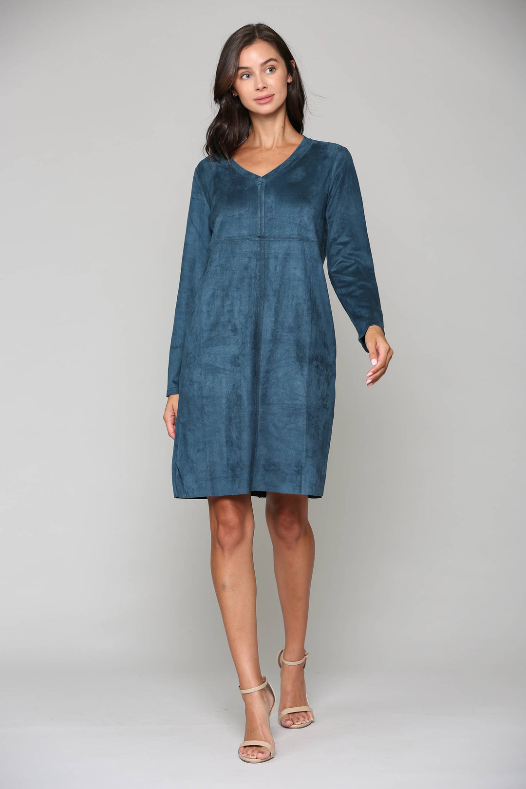 Aurora  V-Neck Suede Dress: TEAL / M / 2059V