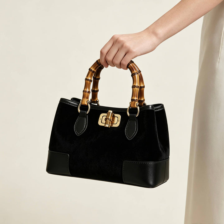 Suede Bag with leather bamboo handles: Cuoio