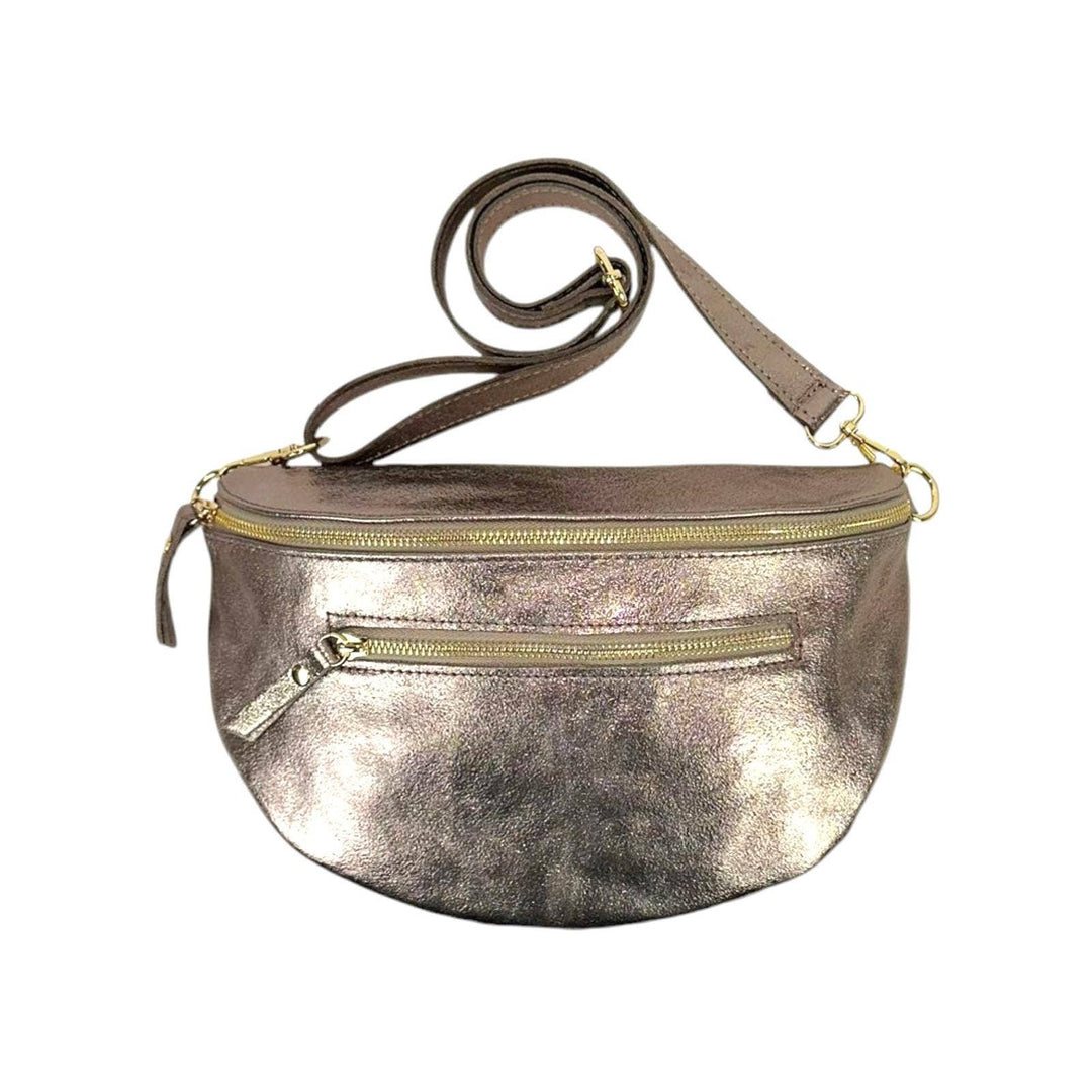 Large Italian Leather Waist Bag: Silver