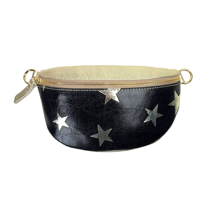 Metallic Leather Waist Bag with Star Print: Brown
