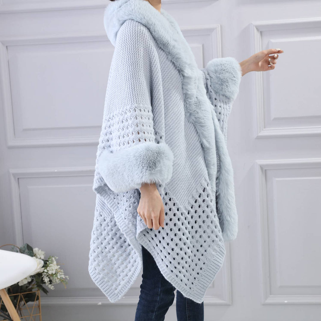 PE364 Hand knitted crochet fur trim cape: Ivory