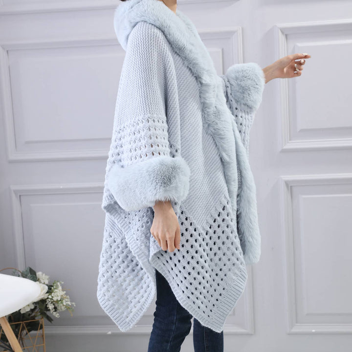 PE364 Hand knitted crochet fur trim cape: Baby Blue