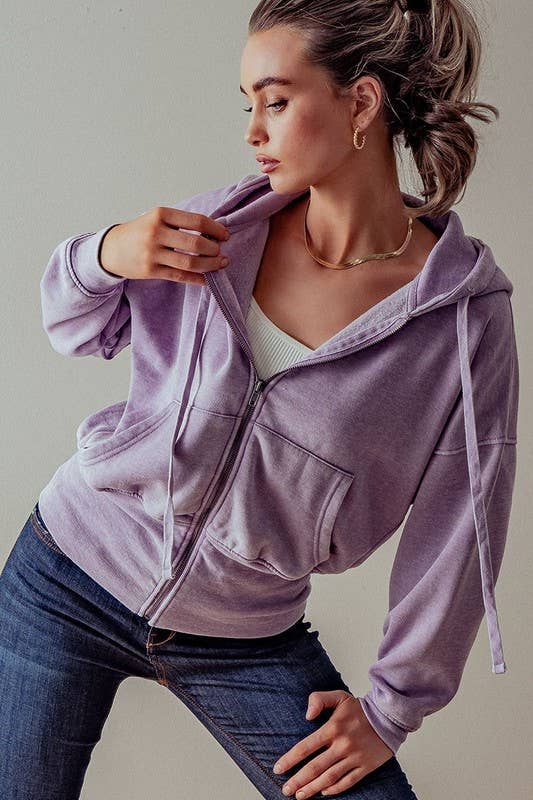 WASHED ZIP UP HOODIE JKT: BLUE FOG