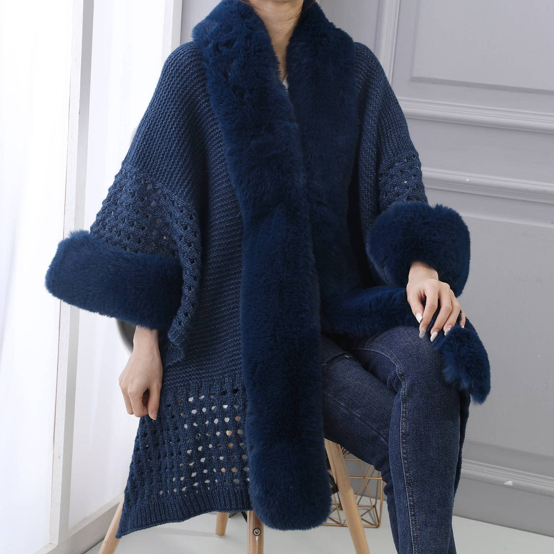 PE364 Hand knitted crochet fur trim cape: Baby Blue