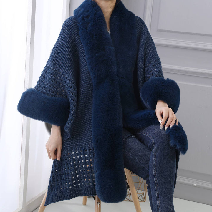 PE364 Hand knitted crochet fur trim cape: Baby Blue