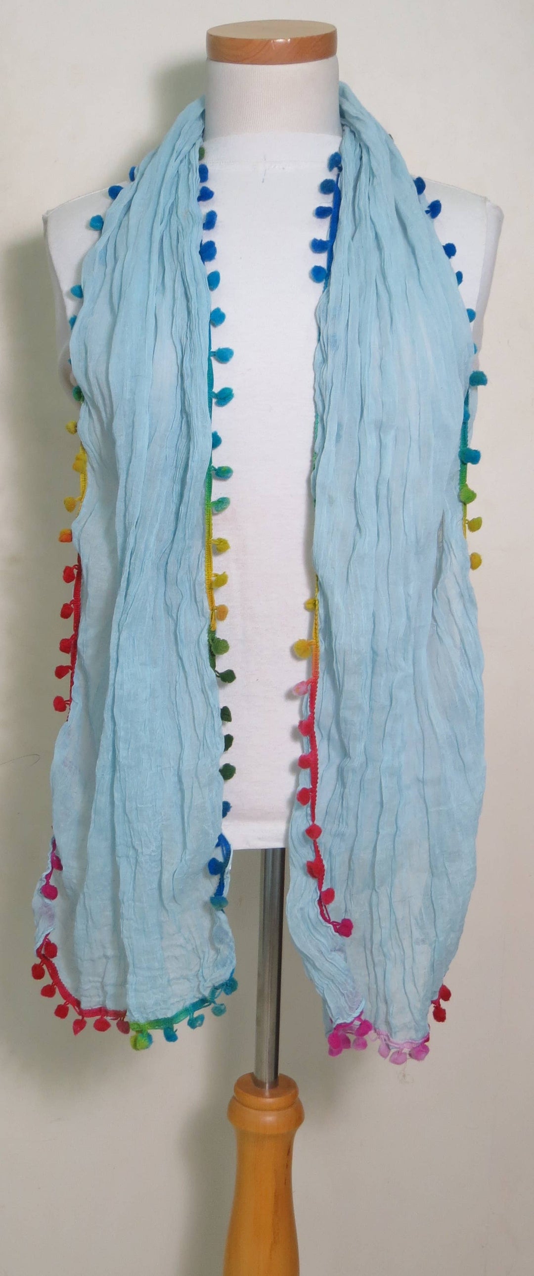 Cotton Scarf Hand Tie dye   pom pom edge pink grey