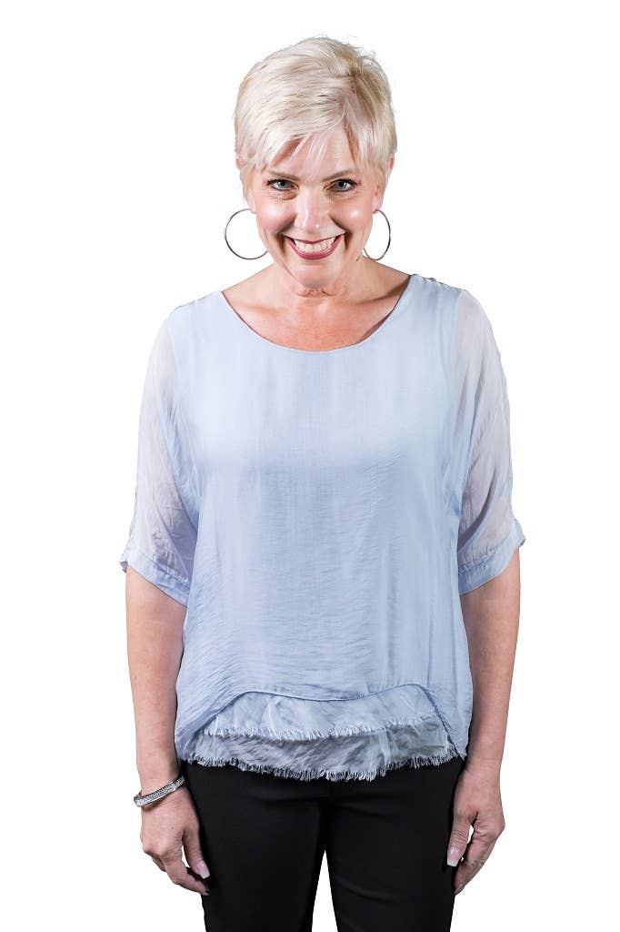 Adriana Silk Double Raw Edge Top (BQ209): Navy