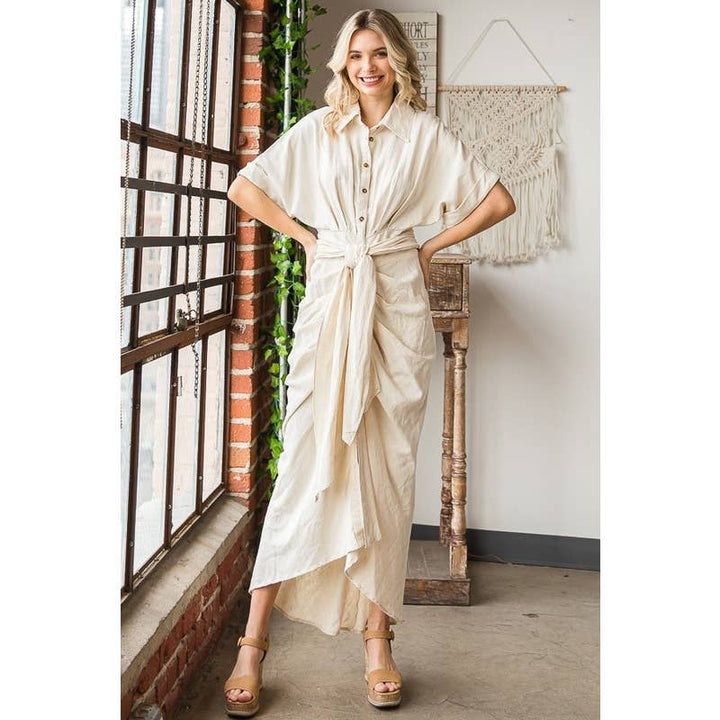 TIE WAIST BUTTON DOWN SHIRT DRESS; NATRL