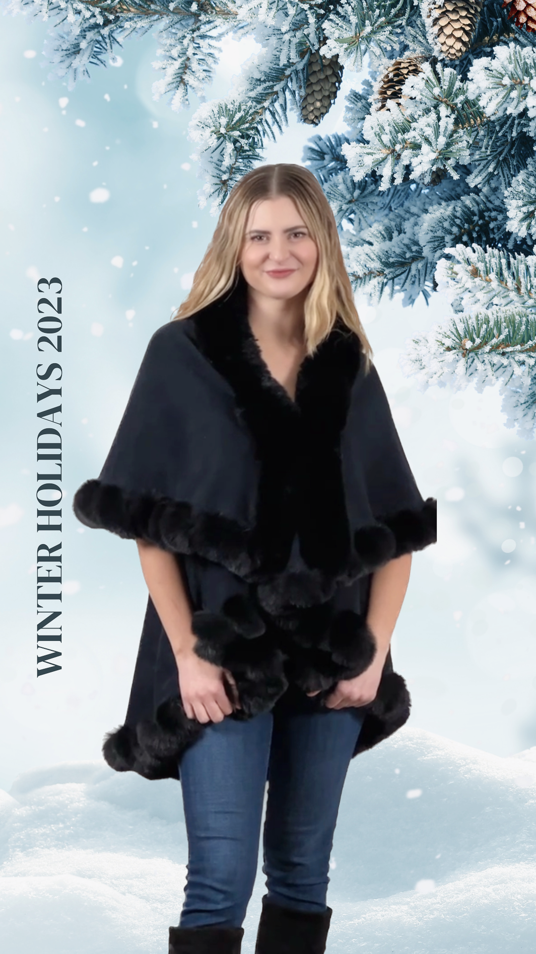 Faux Fur Trim Kimono Knitted Cape Black: O/S / Black