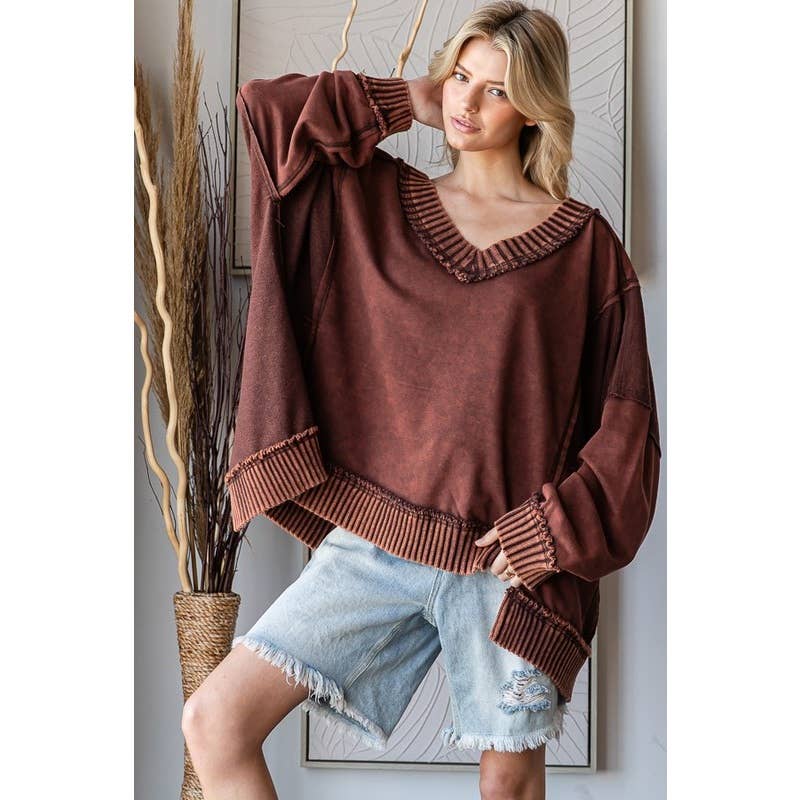 WIDE V NECK L/S TOP: BLACK