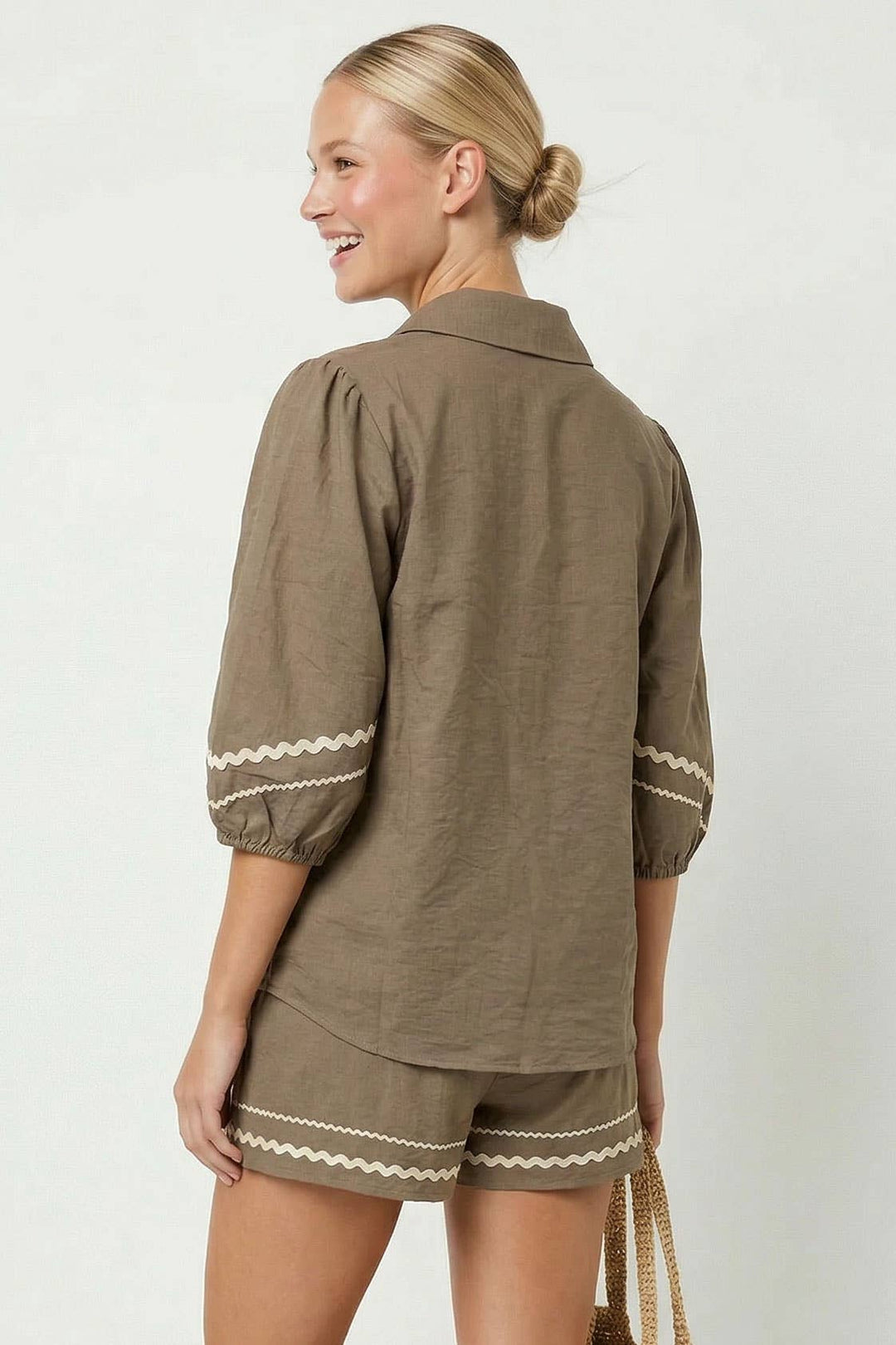 Puff Sleeve Linen Blouse: Navy / L