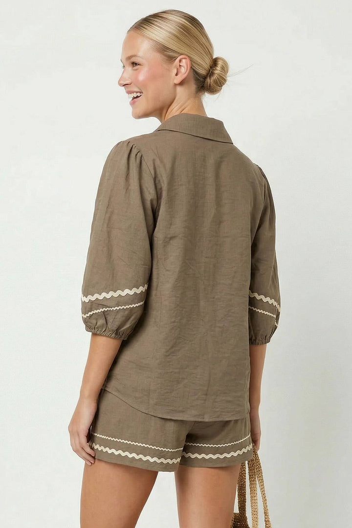 Puff Sleeve Linen Blouse: Red / S