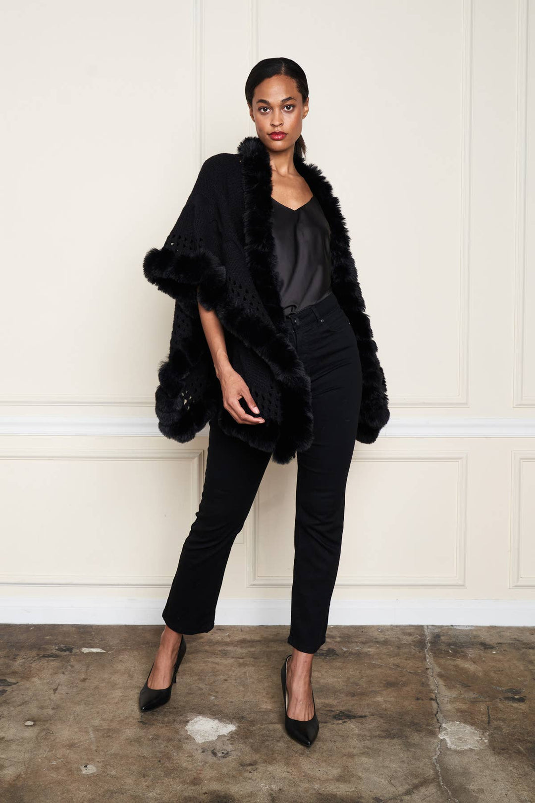 Faux Fur Trim Wrap: Black