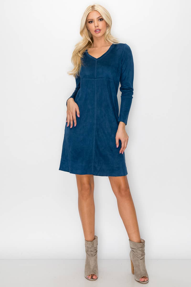 Aurora V-Neck Suede Dress: KHAKI / M / 2059V