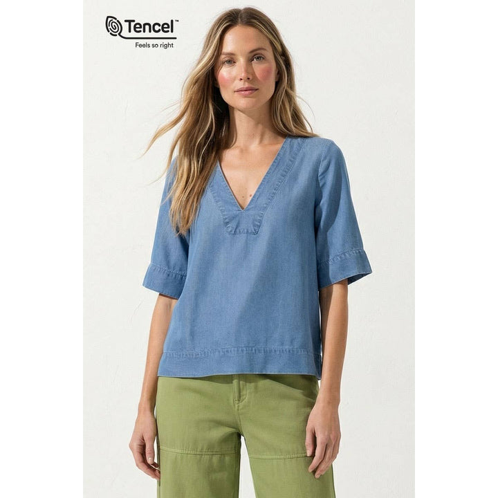 V-Neck Band Blouse: Dark Blue / L