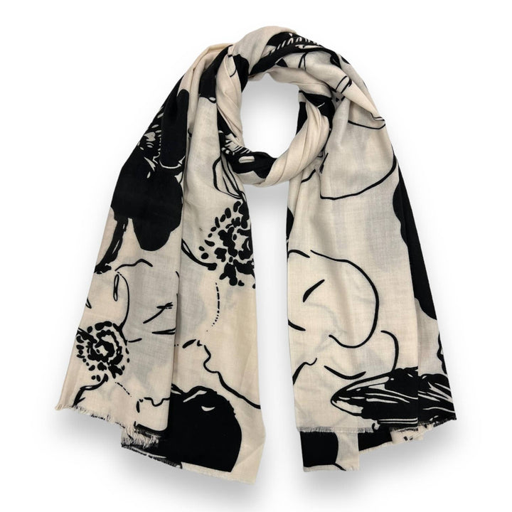 Flower sketch scarf: Black - Cream
