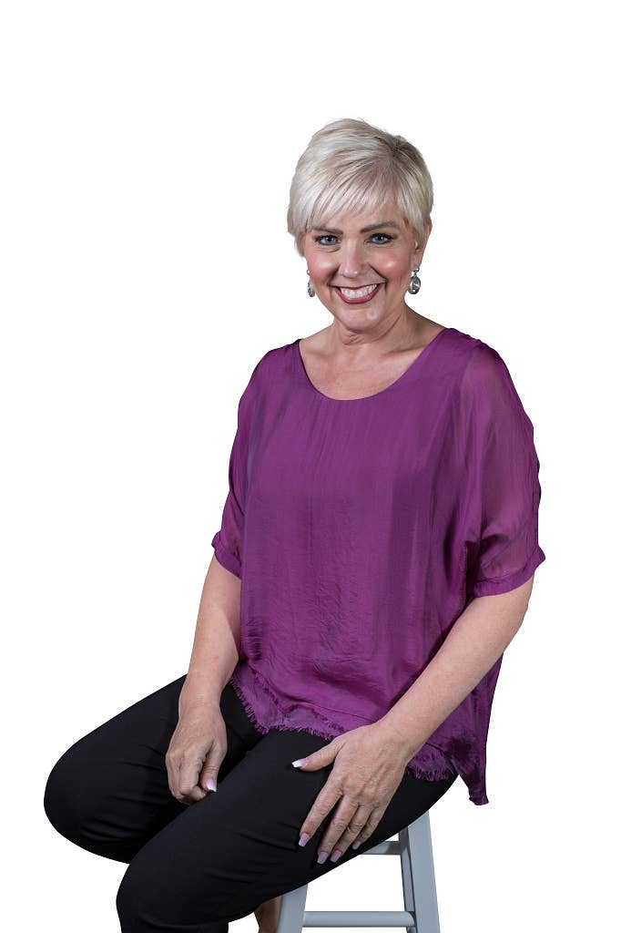 Adriana Silk Double Raw Edge Top (BQ209): Navy