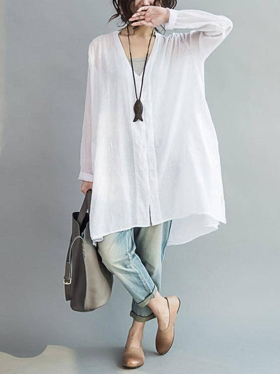 V-neck Two-pieces Blouses Shirt: WHITE