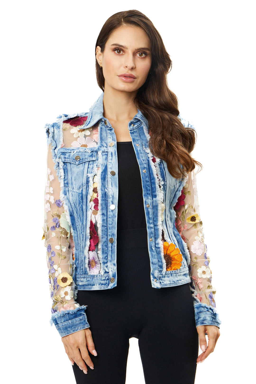 Denim Lace Jacket with Floral Embroidery: XL