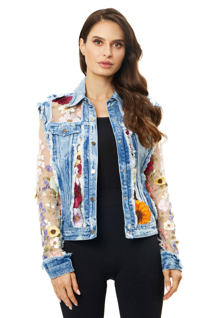 Denim Lace Jacket with Floral Embroidery: XL