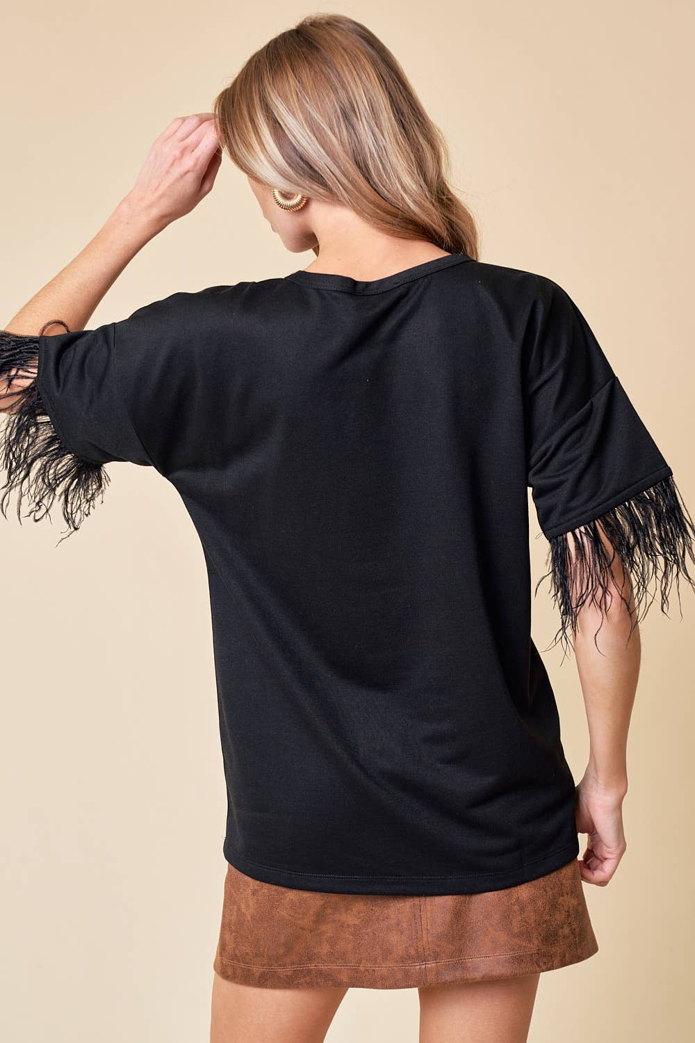 Top With Feather Trim - 13699T: Black / S