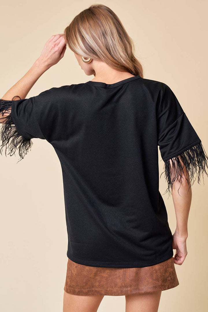 Top With Feather Trim - 13699T: Black / M