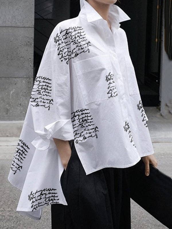Letter Print Blouse: WHITE / S