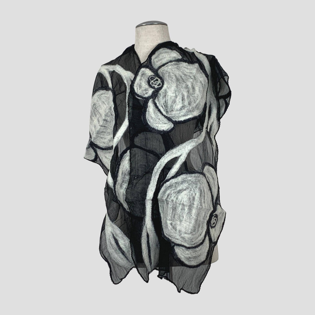 Black On White Flower Wet Felt Scarf