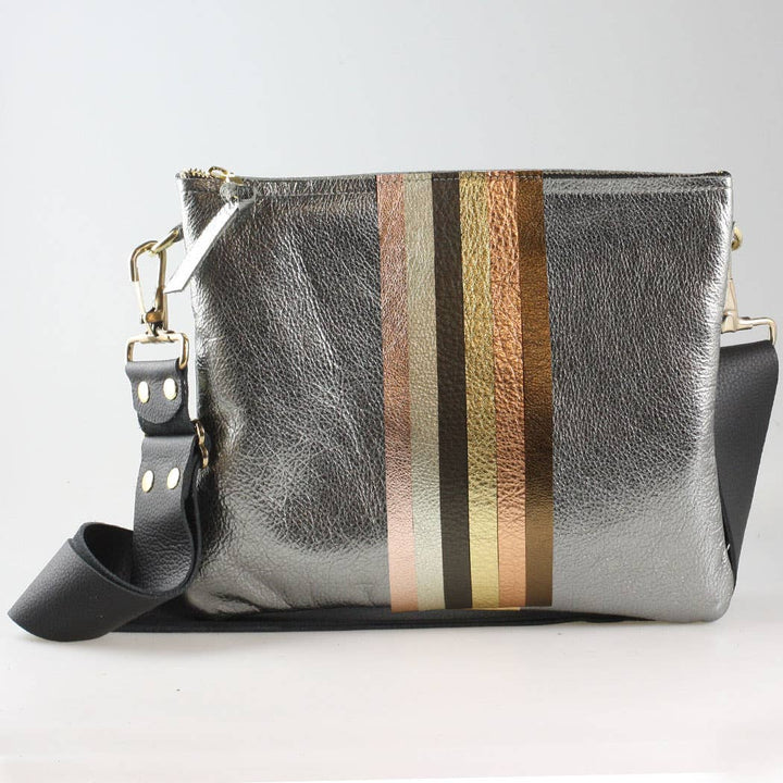 Neutral Stripe Taylor Crossbody: Gunmetal with Neutral Rainbow Stripes / Unlined / 9"x7.5"