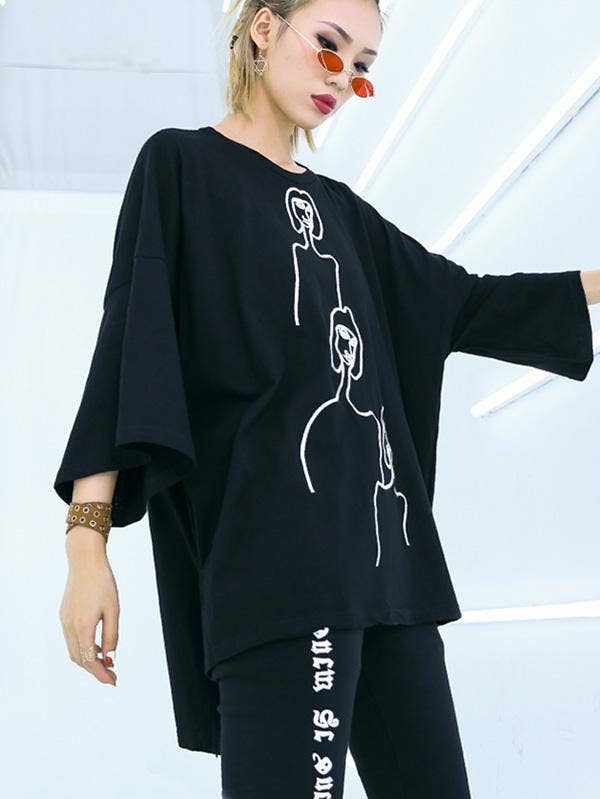 Embroidered Black&White Loose Round-Neck T-Shirt: BLACK / FREE SIZE
