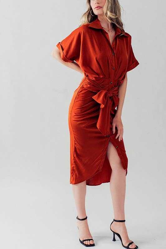 WAIST TIE BELT MIDI SHIRT DRESS: TEAL