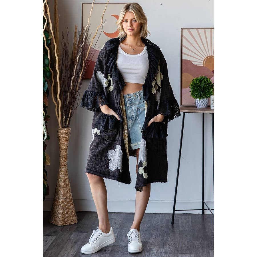 FLOWER LACE RUFFLE DUSTER: BLACK