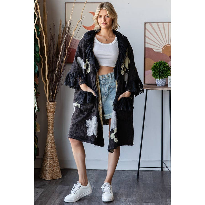 FLOWER LACE RUFFLE DUSTER: BLACK