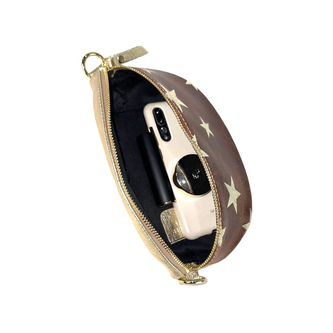 Metallic Leather Waist Bag with Star Print: Taupe
