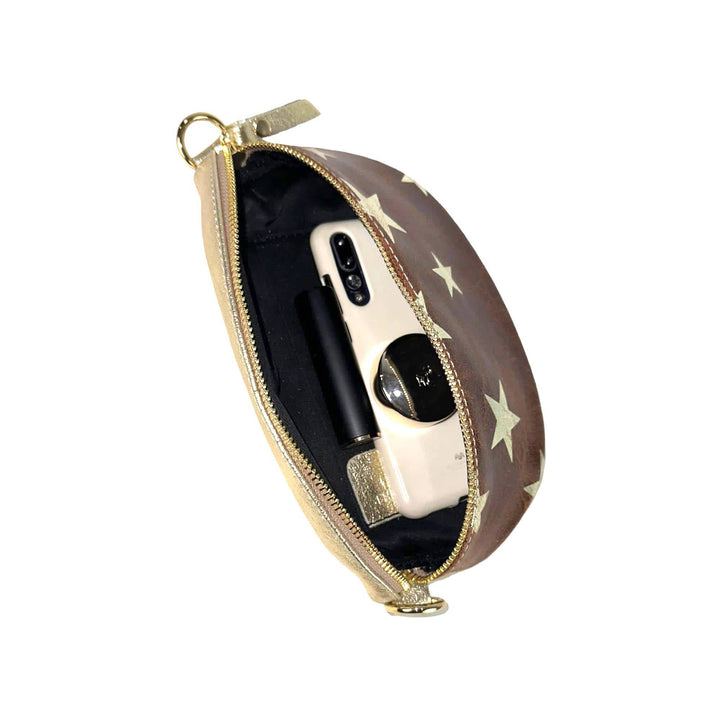 Metallic Leather Waist Bag with Star Print: Taupe