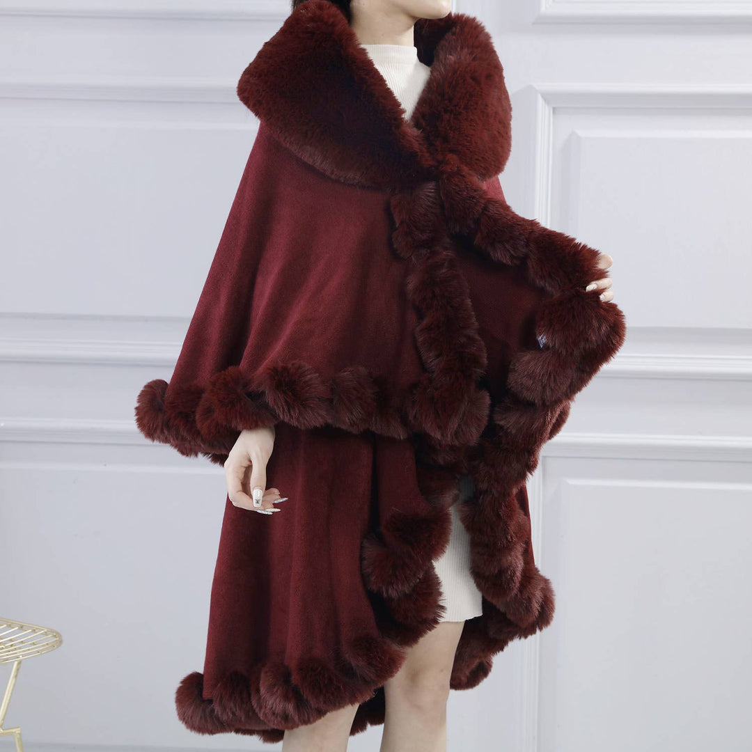 PE371 Double layer fur trimmed capes: Black