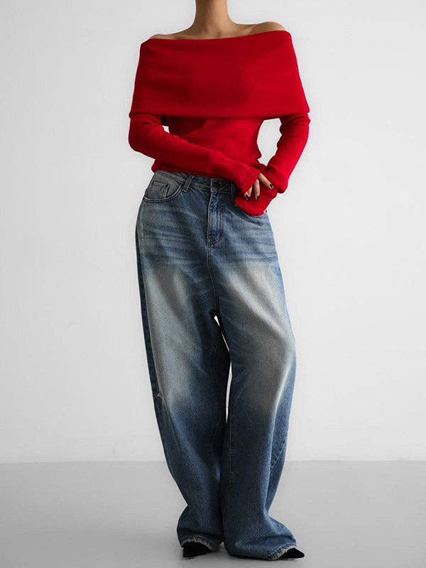 Off Shoulder Sweater: RED / L