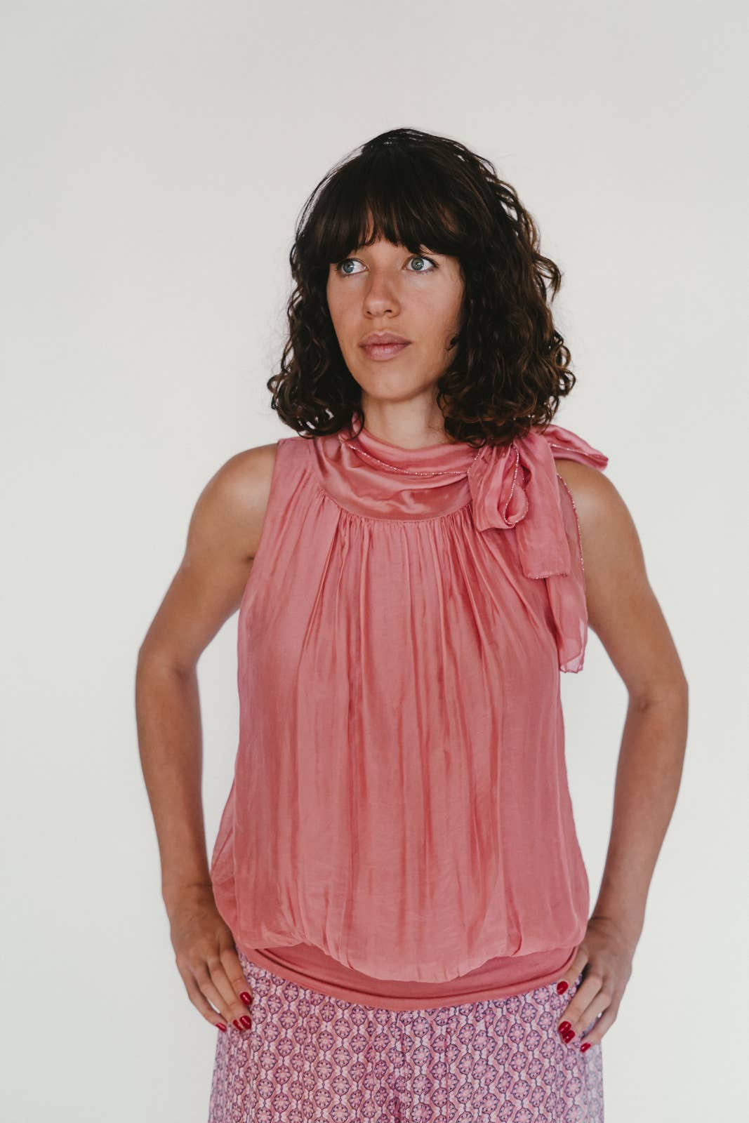 Silk Tie Neck Top: Teal / One Size