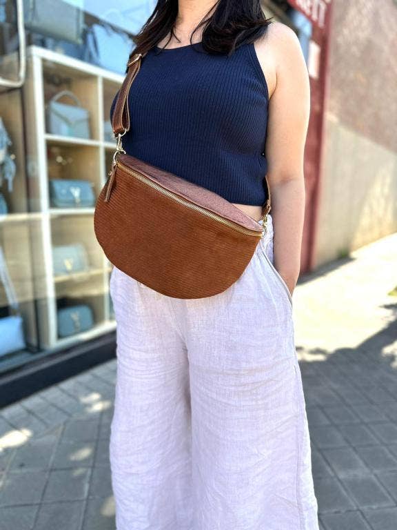 Large Suede and Leather Waist Bag: Brown