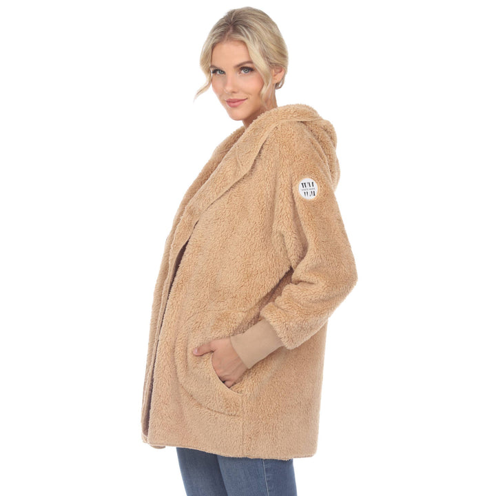 Plush Hooded Cardigan with Pockets: Camel / S/M