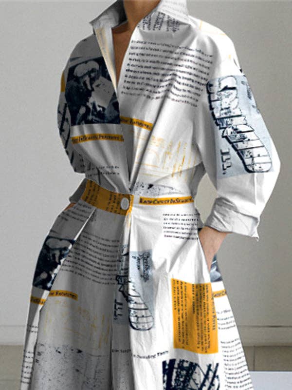Newspaper Print Pleated Tied Waist Long Sleeves Loose Lapel: YELLOW / S
