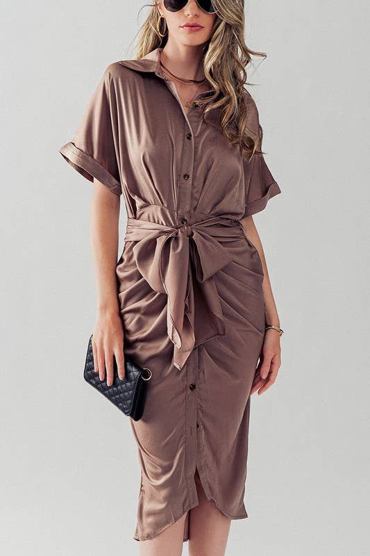 WAIST TIE BELT MIDI SHIRT DRESS: TEAL