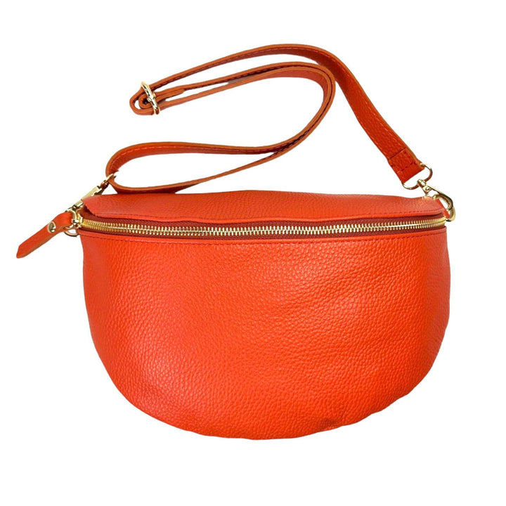 Large Italian Leather Waist Bag: Orange