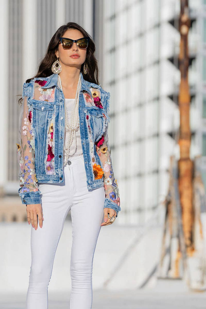 Denim Lace Jacket with Floral Embroidery: S