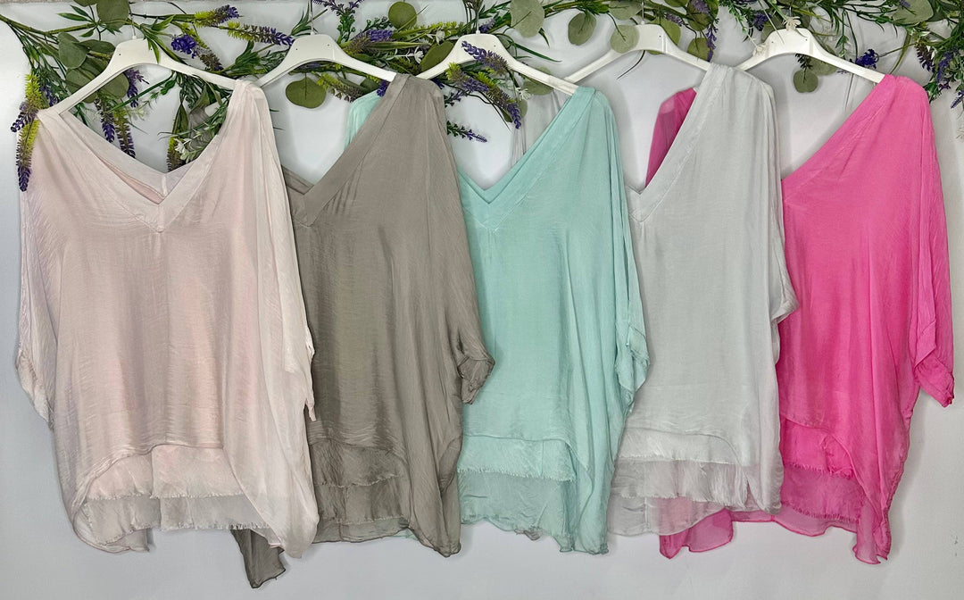 - Silk Vneck Ruffle Top: Taupe