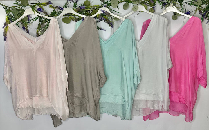 - Silk Vneck Ruffle Top: Taupe