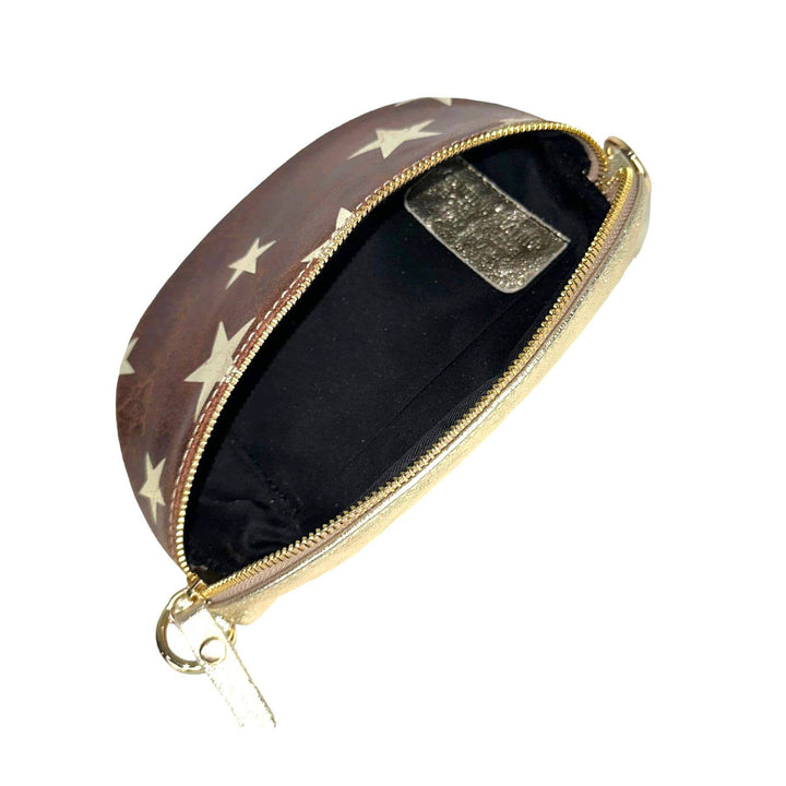 Metallic Leather Waist Bag with Star Print: Taupe