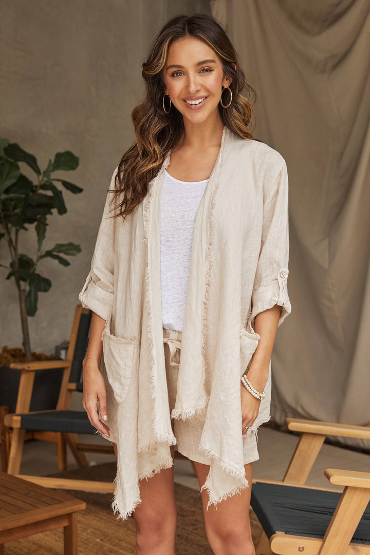 LINEN ASYMMETRICAL CARDI: Beige / L