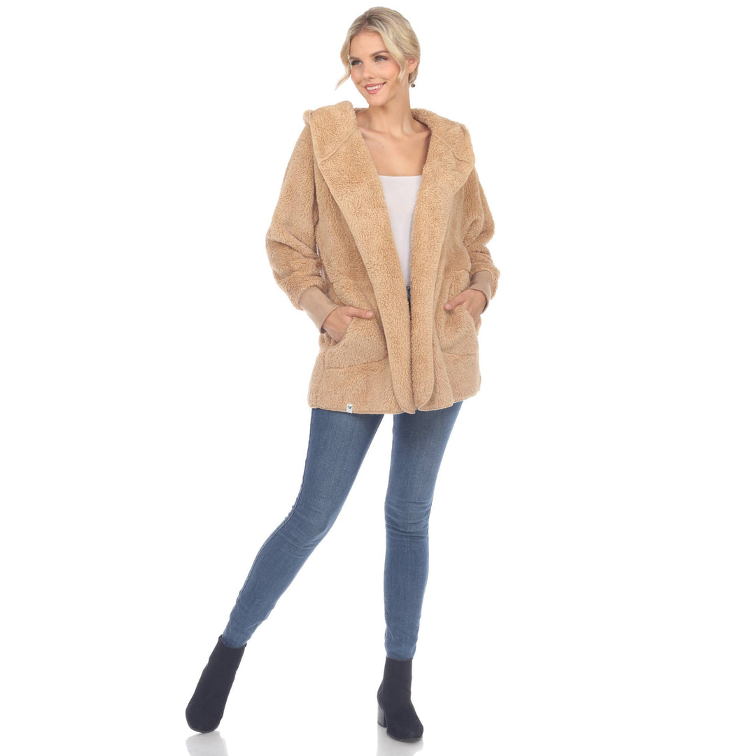 Plush Hooded Cardigan with Pockets: Camel / S/M