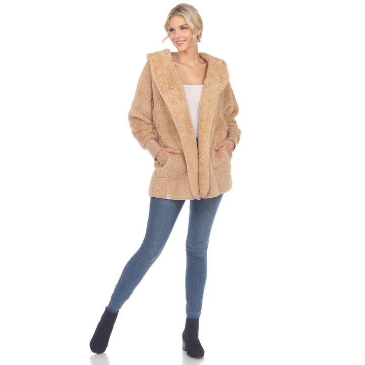 Plush Hooded Cardigan with Pockets: Camel / S/M